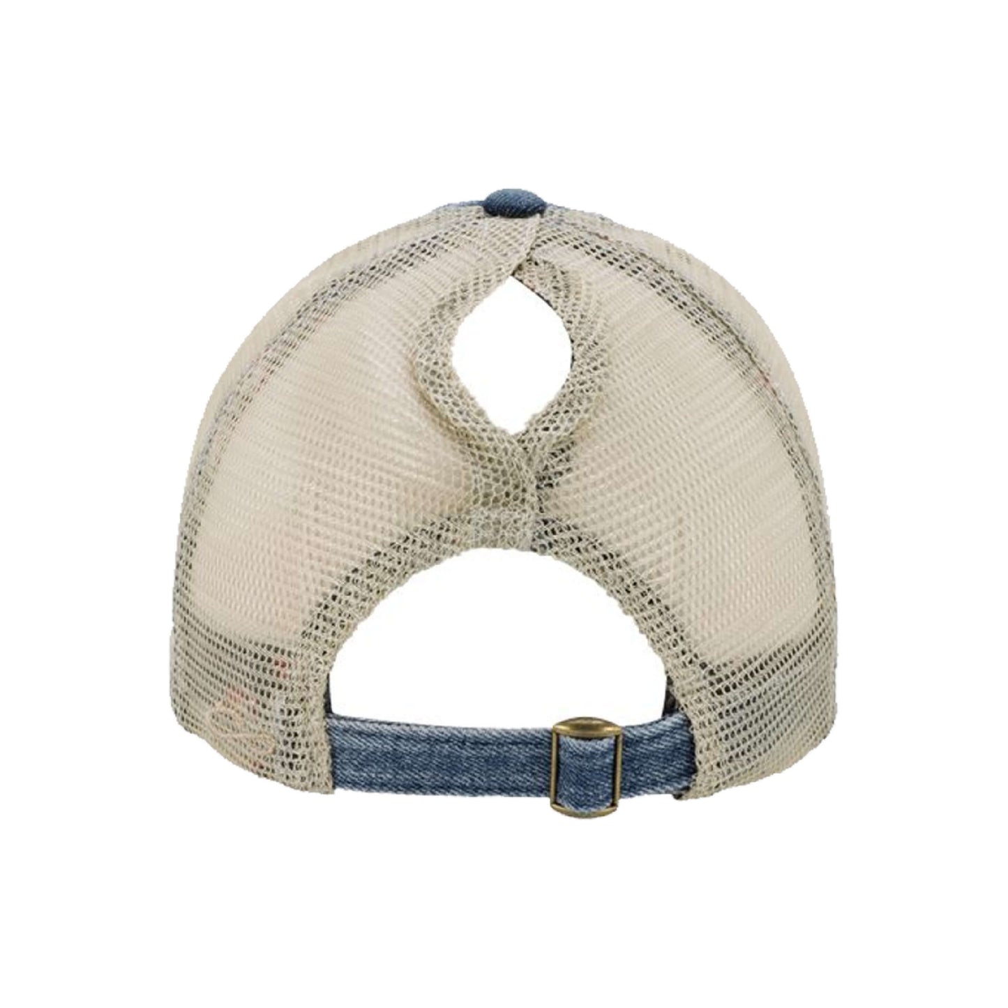 Women's Denim Pattern Undervisor Mesh Back Ponytail Cap